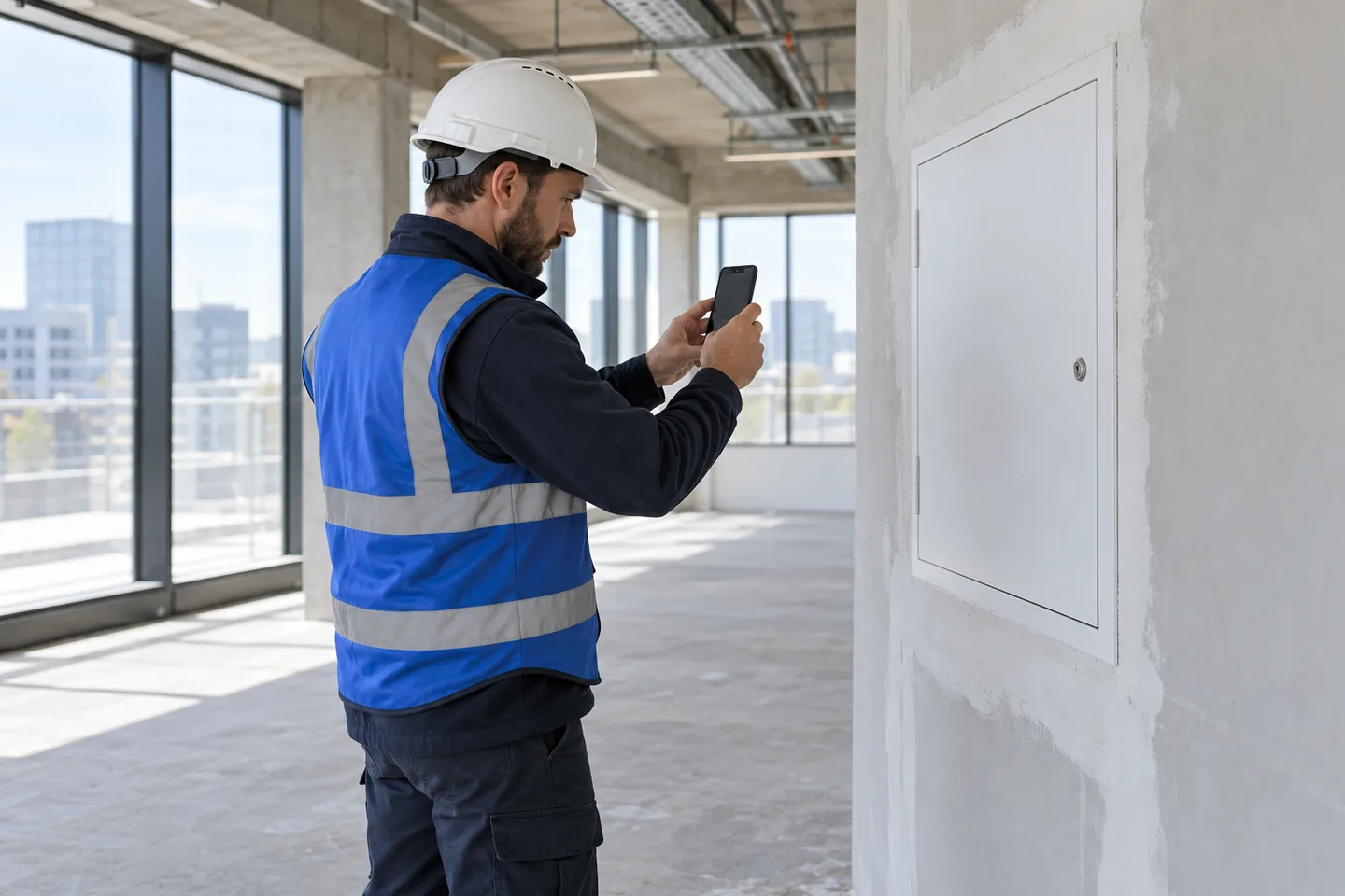 Inspector using a phone beside a building access panel; AI-generated illustration.