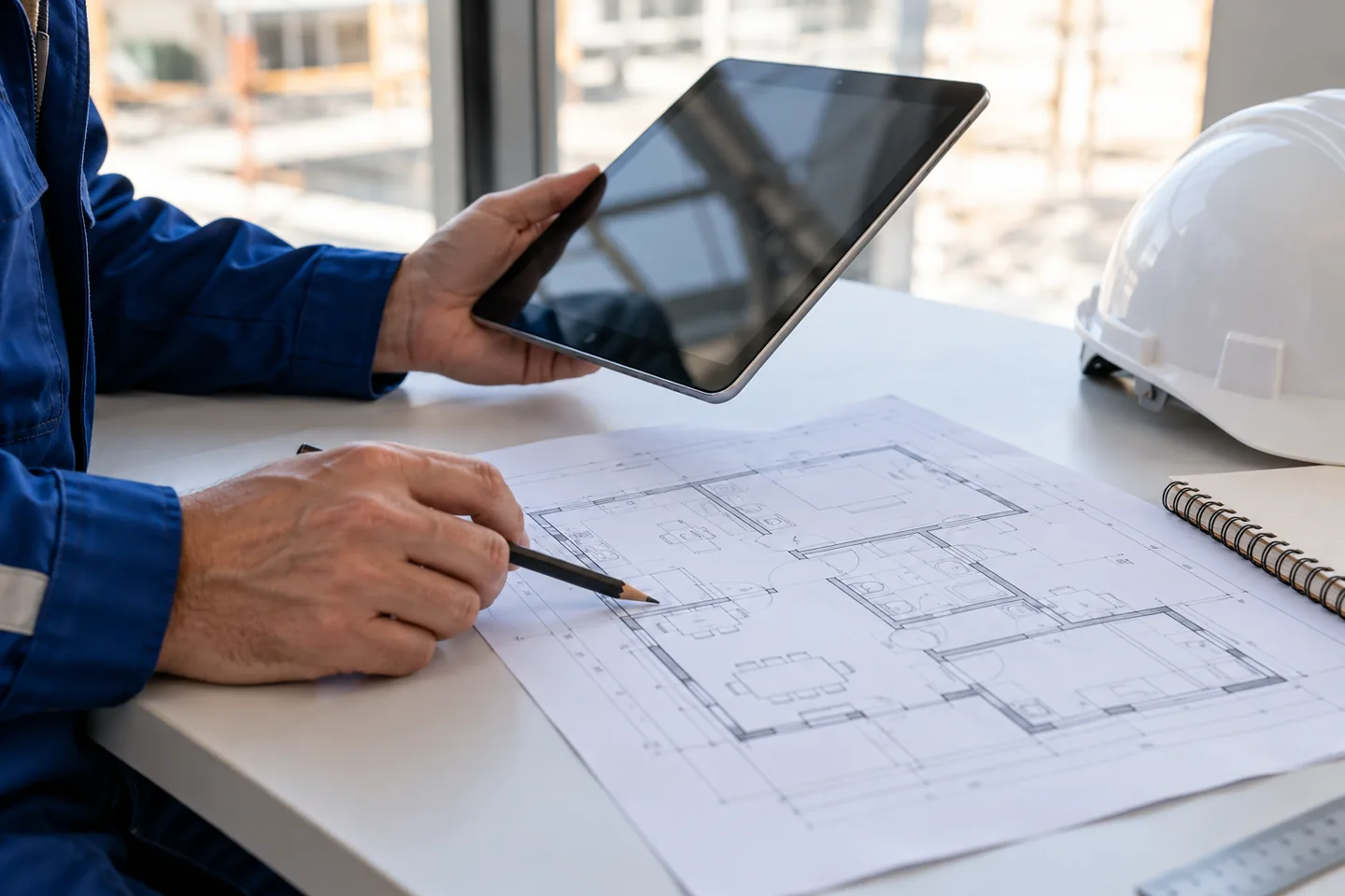 Construction drawings, a tablet and a hard hat on a site desk; AI-generated illustration.