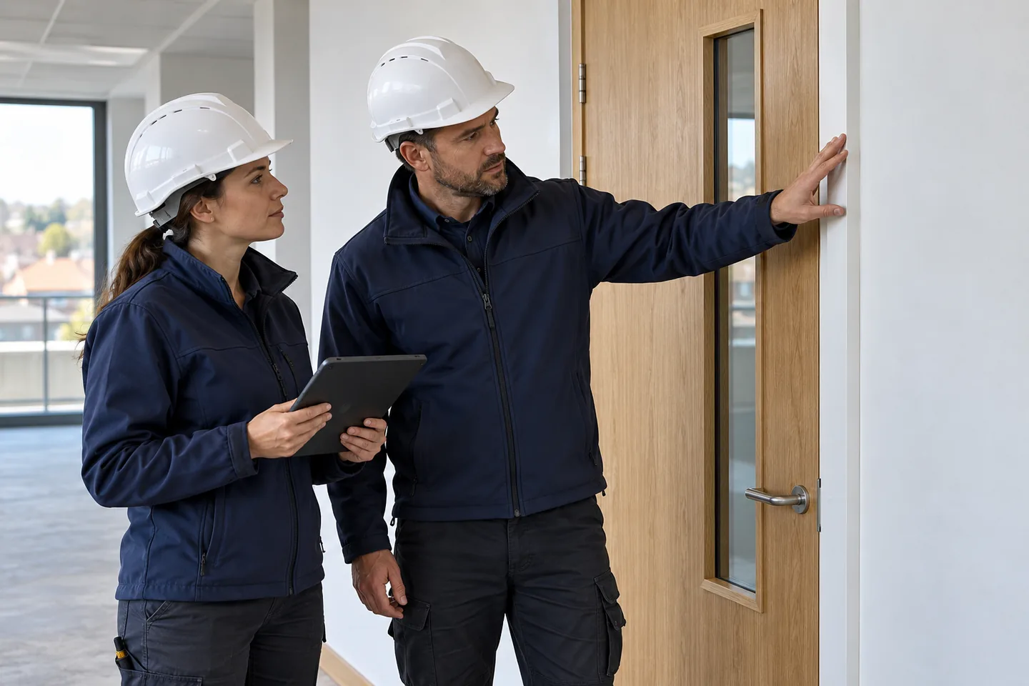 Two construction inspectors reviewing a doorway on a building site; AI-generated illustration.